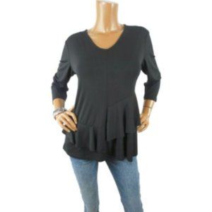 KATE & MALLORY Top M Black Blouse Layered Ruffles Stretch 3/4 Sleeve Party Shirt